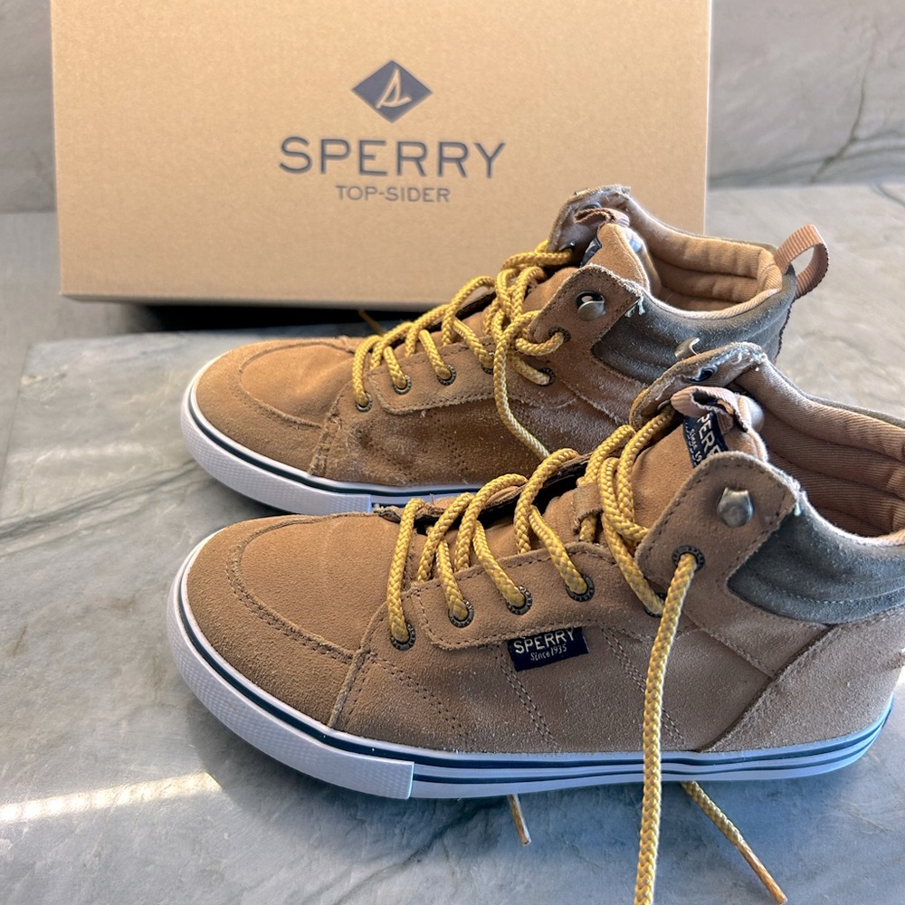 Sperry Top Sider Striper Storm Waterproof high top,Tan Suede 3M boys